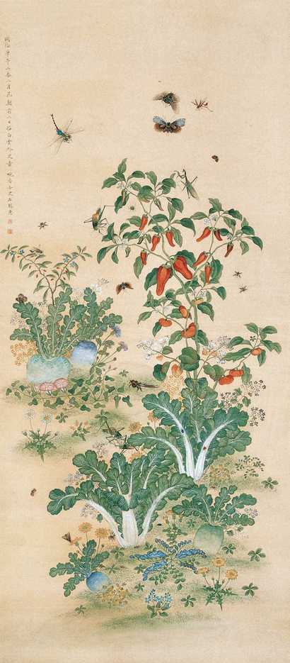 左锡惠 1870年作 蔬果草虫 立轴